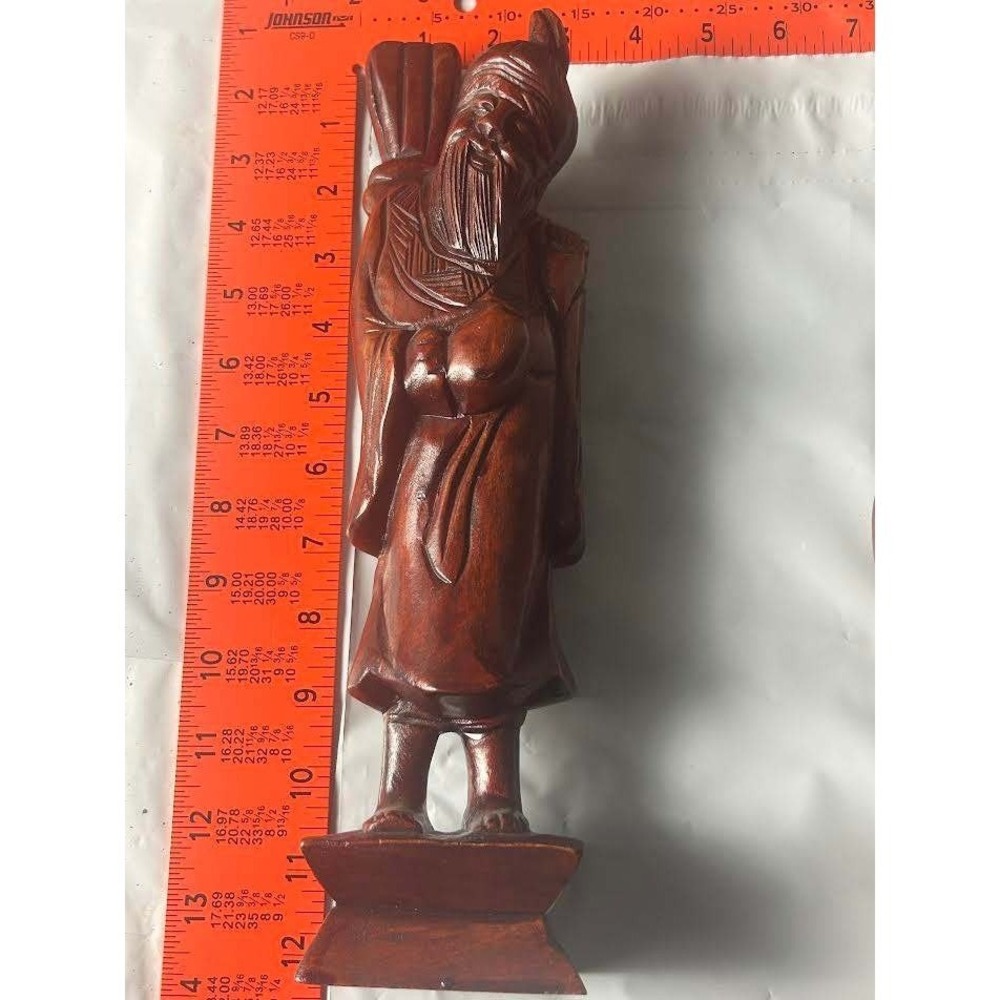 Vintage Hand Carved Wood Wise Man Immortal Figurine Asian Decor Brown 12"